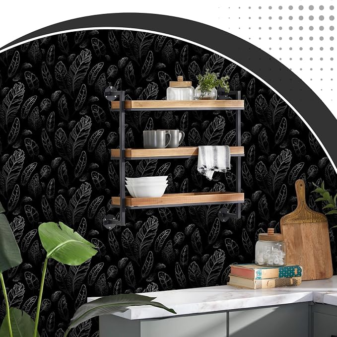 Black Peel and Stick Wallpaper 17.7"x80" Feather Wallpaper Removable Modern Vinyl Wall Paper Waterproof Contact Paper for Bedroom Living Room - Image 6