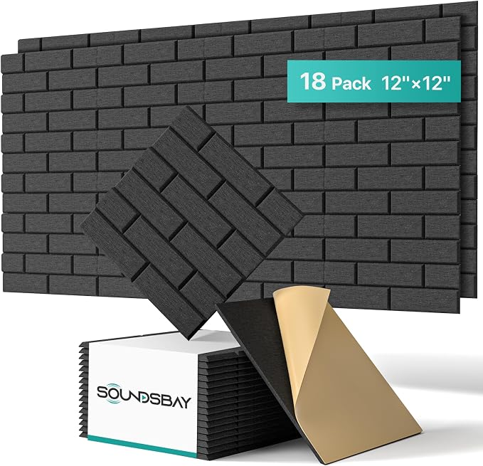 Soundsbay 18-Pack Brick Acoustic Panels, Self-Adhesive, 12"X12" | Covers 17.4 sq ft, 150kg/m³ High-Density Polyester, Soundproof Wall Panels for Recording Studio, Home Theater, Office Black by Soundsbay