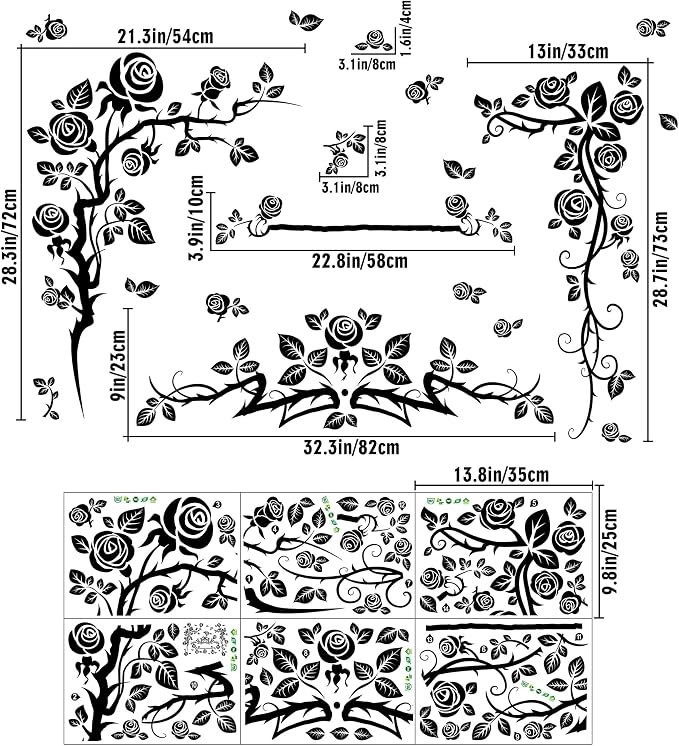 Amaonm Creative 3D Black Vinyl Flowers Wall Stickers - Removable DIY Flower Vine Wall Decals for Roses & Leaves Decor - Image 2