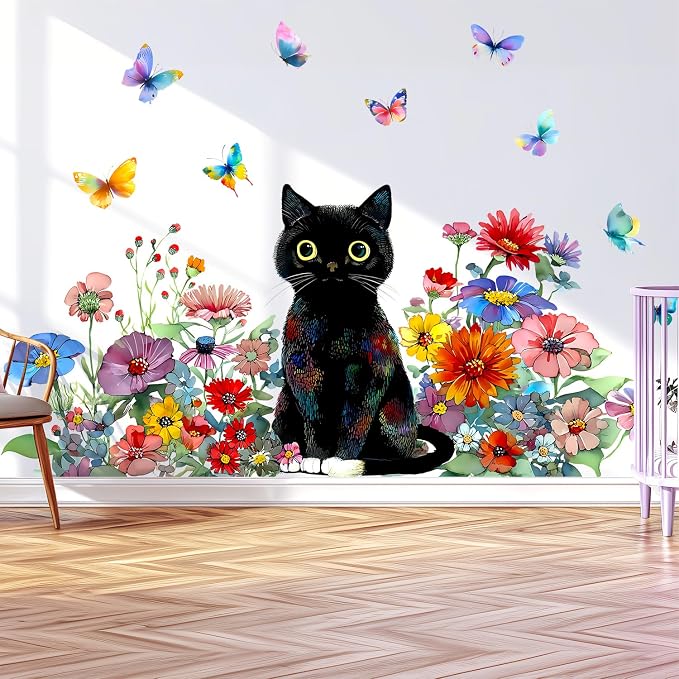 Black Cat Floral Flower Butterfly Watercolor Removable Wall Decals Decor | Watercolor wildflower butterflies peel and stick vinyl wall stickers & murals for bedroom living room classroom office - Image 4