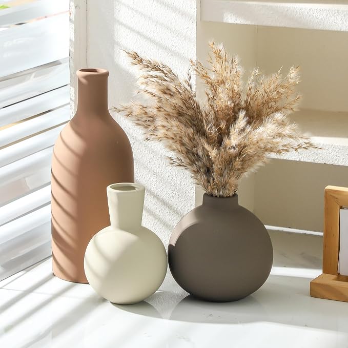 Vase Set of 3 | Ceramic Neutral Vases Home Decor | Rustic Flower Pottery Vases Modern Farmhouse Vase for Table Entryway Mantel Centerpiece Bookshelf Living Room Bathroom Bedroom -Brown Large - Image 4