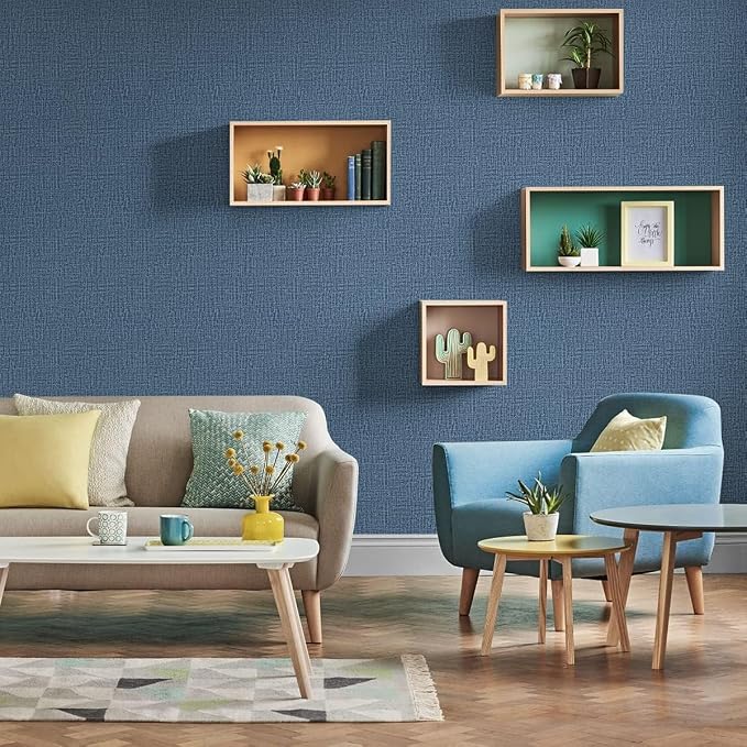 Blue Peel and Stick Wallpaper Grasscloth Decor Paper 17.7in x 393in | Faux Linen Vintage Wallpaper Textured Removable Wall Paper Grass Cloth Cabinets Bedroom for Cabinet Self Adhesive Vinyl - Image 3