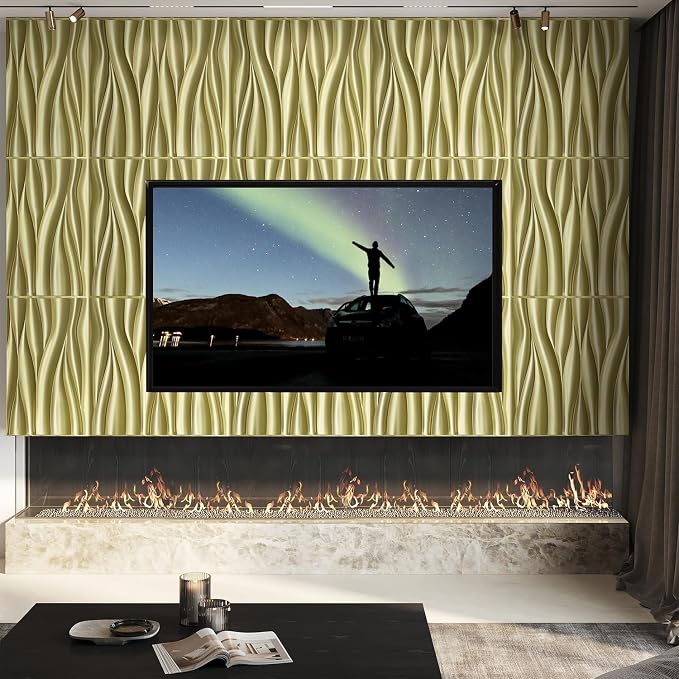 STICKGOO 3D Wall Panels, Champaign Gold Wave Design, 19.7''x19.7'' | PVC Accent Wall Panels for Interior Wall Decor, Living Room, Lobby Bedroom Hotel Office, Pack of 12 - Image 2