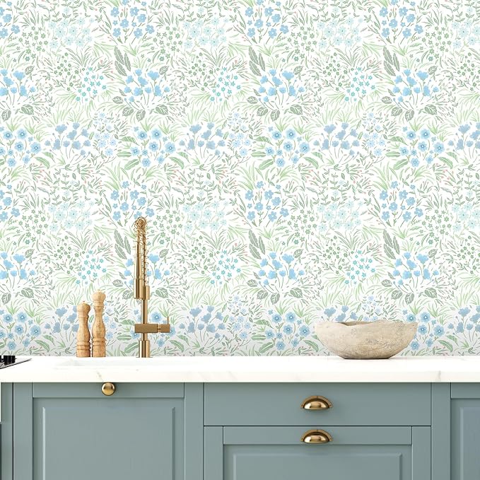 SOON AFTER Blue Boho Neutral Floral Peel and Stick Wallpaper, 17.3" x 118" Removable & Waterproof Vinyl Wallpaper, Flower Self-Adhesive Contact Paper for Nursery Bedroom Cabinets - Image 7