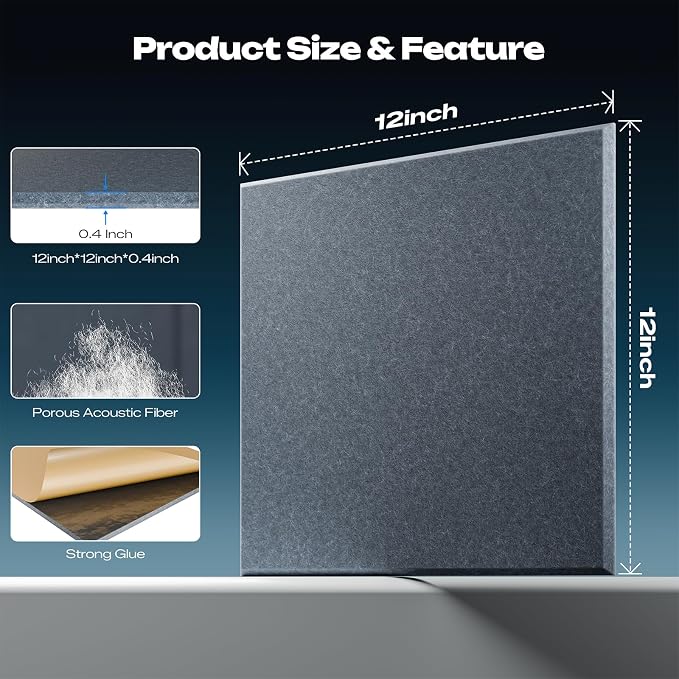 Sonicism 12 Pack Acoustic Wall Panels with Self-Adhesive, 12" X 12" X 0.4" Sound Proof Foam Panels, Decorative Soundproof Wall Panels, Sound Proof Absorbing Tiles for Home & Offices, Gray - Image 4