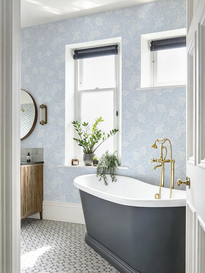 Dimoon Blue Peel and Stick Wallpaper Geometric Contact Paper for Bathroom Kitchen Striped Botanical Stick on Wall Paper Leaf Boho Removable Wallpaper Renter Friendly Vinyl Waterproof 17.3''x197'' - Image 4