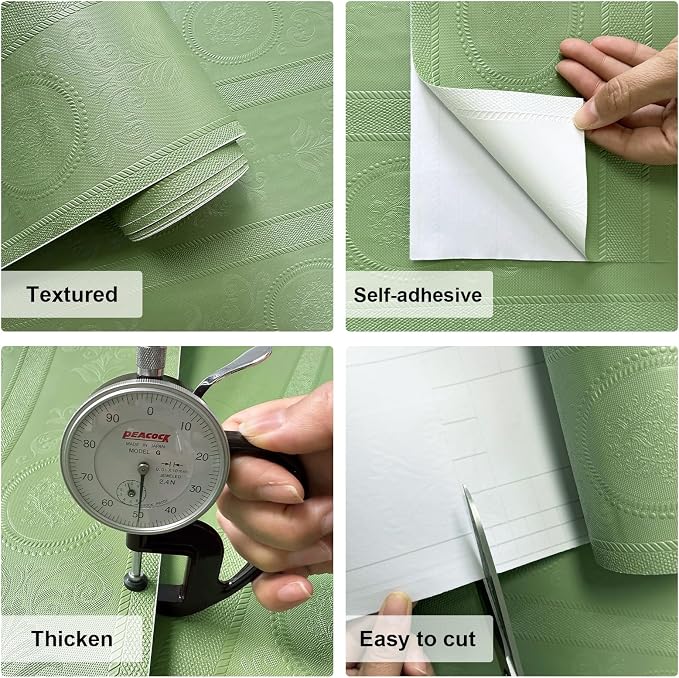 JiffDiff Green 3D Embossed Textured Peel Stick Wallpaper 17.3"x1200" | Removable Renter Friendly Contact Paper, Waterproof Self Adhesive Wallpaper for Bedroom, Bathroom, Decor,144 sq. - Image 9