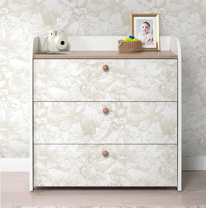 Ismoon Large Floral Peel and Stick Wallpaper Boho Beige/Coffee Contact Paper 17.3inx16.4ft Modern Wall Paper Removable Self Adhesive Bedroom Cabinet Bathroom Waterproof Mural Wall Decor Vinyl Roll - Image 9