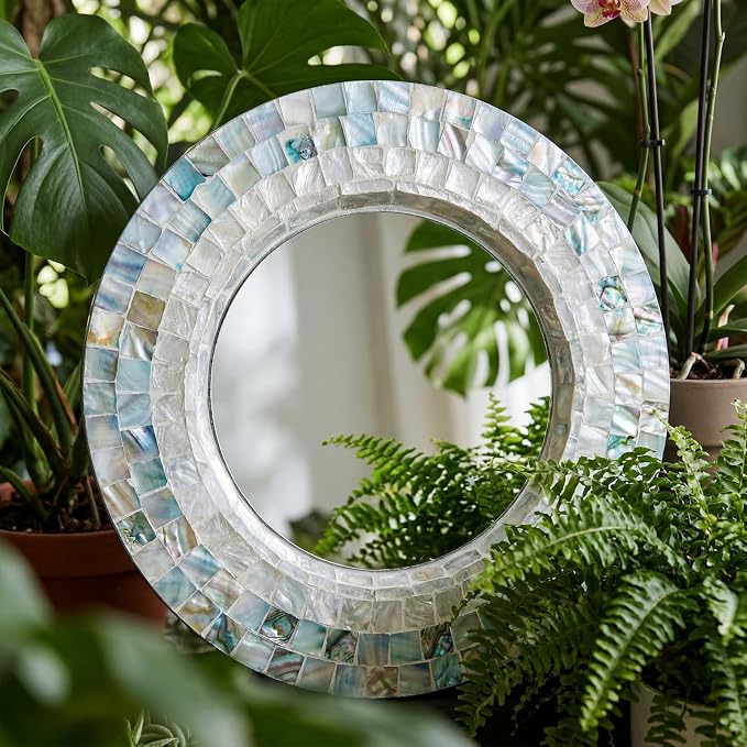 Novabright 6 Pcs Mirror Wall Decor 11.8 Inches Natural Mother of Pearl Shell Plate Coastal Wall Art Mosaic Sculpture Handmade Hanging Plates Arts for Bedroom Bathroom Home Office Hotel - Image 4