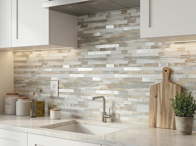 Yipscazo 20 Sheets Peel and Stick Wood Metal Tile Backsplash, Stick on Tiles for Backsplash Kitchen, Bathroom, Laundry Room, Camper, Fireplace (12'' X 12'', White Wood with Metal) - Image 3