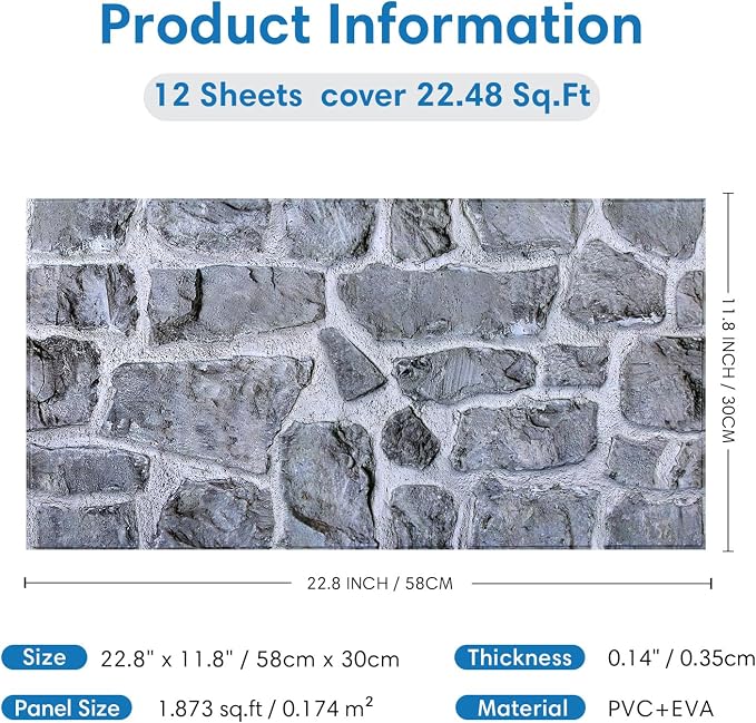 COMSTICKC 3D Faux Stone Wall Panels Peel and Stick, 12 Pcs 22.8" x 11.8" | Gray, Not Real Stone, Ultra-Light Thin PVC Wall Sticker, 3D Fake Rock Tiles Covering for DIY Interior Decor,Cover 22.48 sq ft - Image 5
