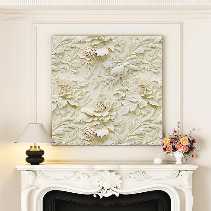 3D Embossed Wallpaper Peel and Stick Cream Floral Contact Paper | Nature Peony Flower Wallpaper Flat Printed Faux Sculpted Floral Sticker for Living Room Bedroom Bathroom Mural 17.5"x102" - Image 4