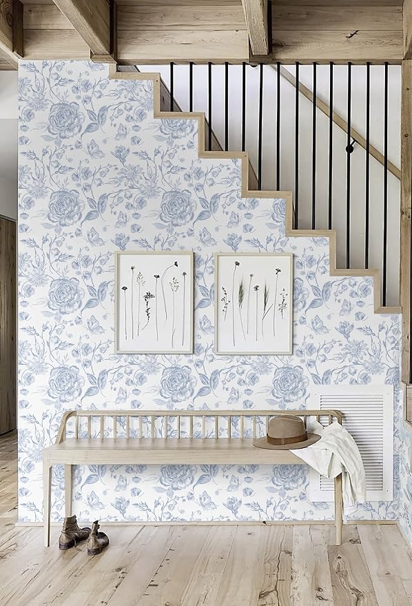 Blue Peel and Stick Wallpaper Floral Wall Paper Boho Embroidered Contact Paper Bedroom Bathroom Wallpaper Navy Blue and White Removable Self-Adhesive Kitchen Wall Decor Vinyl Roll 17.3" x 78" - Image 3