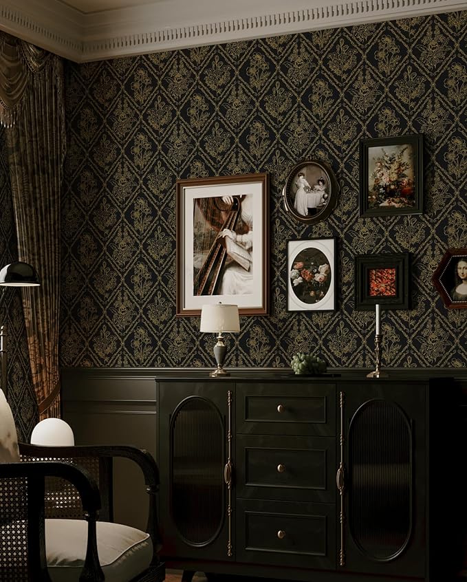 Toduso Peel and Stick Wallpaper Vintage Wall Paper Boho Contact Paper Black and Gold Floral Removable Wallpaper for Bathroom Bedroom Flower Waterproof Self Adhesive Vinyl Drawer Decor 17.3"x393.7" - Image 4