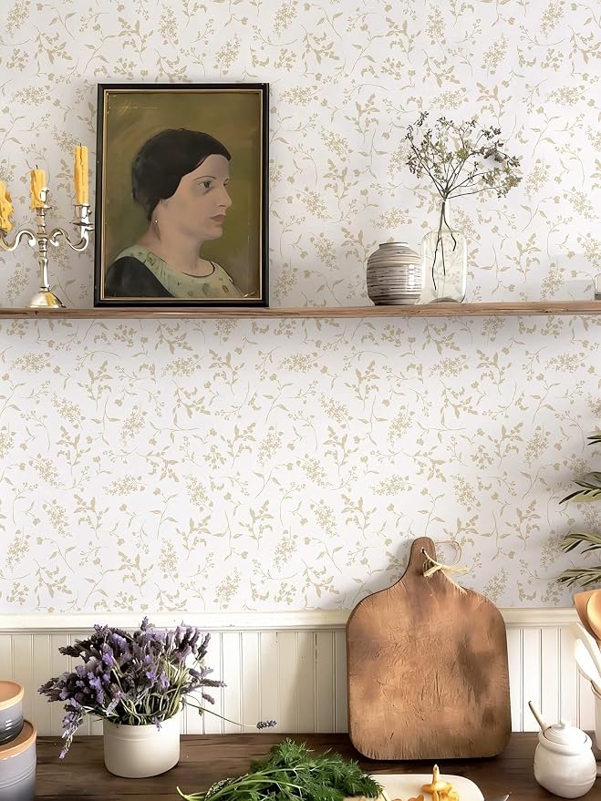 Ismoon Floral Wallpaper Peel and Stick Beige Neutral Contact Paper Wildflowers Leaf Stick on Wall Paper Textured Removable Self Adhesive Vinyl Wallpaper for Bedroom Bahtroom Wall Decor 17.3x78.7in - Image 8