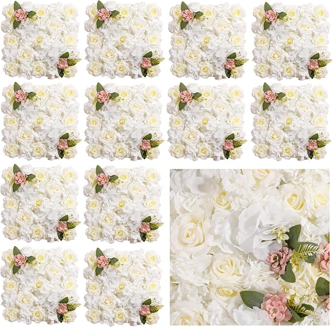 Flower Wall Backdrop, 12 Panels, 16.5x16.5 Inch, Ivory White | 3D design, realistic look, Seamless Design,eco-friendly,easy to assemble,reusable,.Suitable for weddings,Party,home décor by BloomTrend