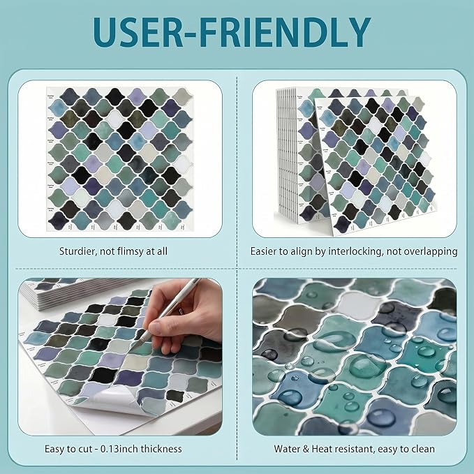 Arttown Peel and Stick 3D Wall Backsplash 10-Sheet 12" × 12" Moroccan Teal | Subway Tile Self Adhesive Thicker Design Wall Tiles Panel Wallpaper for Kitchen Bathroom Balcony Rental Housing - Image 6
