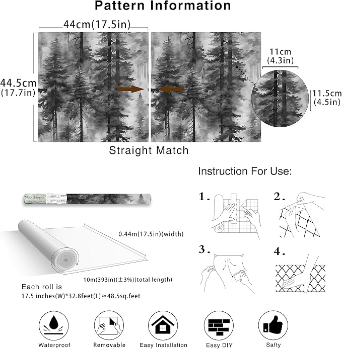 HAOKHOME Forest Wallpaper Peel and Stick Black White Mural 17.3in x 32.8ft | Extra Long Self Adhesive Wall Paper Tree Landscape Mountain Botanical Textured Removable Waterproof for Bathroom Bedroom - Image 7