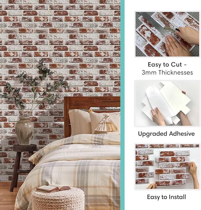Commomy Faux Brick Panels Peel and Stick Wall Stickers 10 Pcs 11.8" x 11.8" | Small Size Thin PVC Red Fake 3D Brick Wallpaper for Kitchen,Fireplace,Home Office,Wall Covering Decor(Covers 9.7 sq.ft) - Image 6