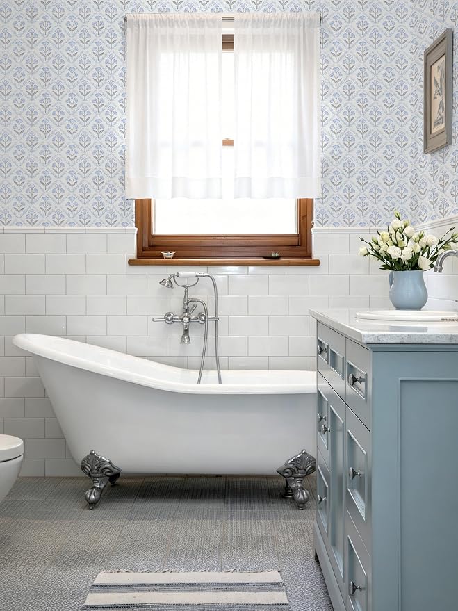 Dimoon Blue Peel and Stick Wallpaper Retro Floral Contact Paper Vintage Boho Cute Wallpaper Renter Friendly Removable Geometric Wall Paper for Bathroom Kitchen Textured Vinyl 17.3''x197'' - Image 7
