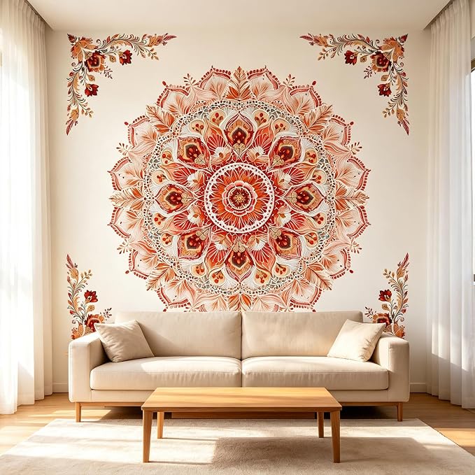 Watercolor Boho Floral Flower Mandala Peel and Stick Wall Decals Decor | Red orange mandala flowers wall stickers mural, classic removable vinyl decor for living room bedroom meditation space decor - Image 4