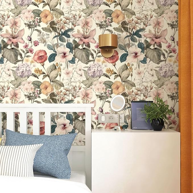 Jeweluck Vintage Floral Wallpaper Peel and Stick Wallpaper 16.9”x393.7” | Flower Contact Paper Poppy Floral Wall Paper Boho Removable Self Adhesive Wallpaper for Bedroom Drawer Liner Decorative Vinyl - Image 2