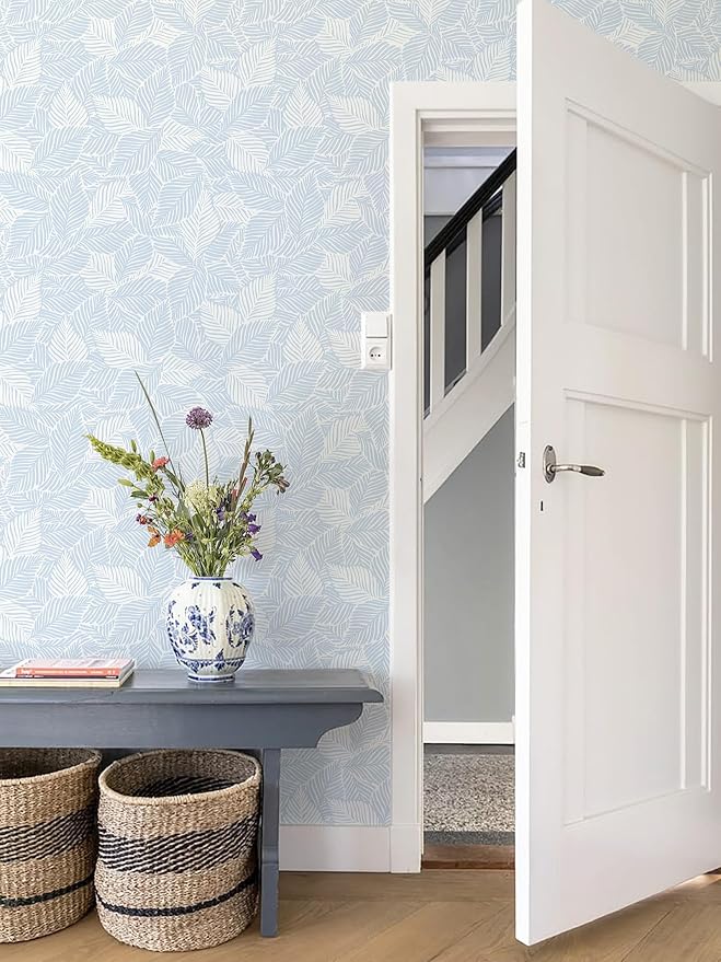 Dimoon Blue Peel and Stick Wallpaper Geometric Contact Paper for Bathroom Kitchen Striped Botanical Stick on Wall Paper Leaf Boho Removable Wallpaper Renter Friendly Vinyl Waterproof 17.3''x197'' - Image 5