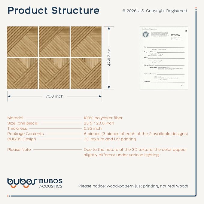 BUBOS 6-Pack Acoustic Panels, Wood Grain Sound Absorbing Panels, 23.6"x23.6" | Peel and Stick, for Home Office, Studio & Wall Decor Sound Treatment, Wall Panels for Noise Reduction & Stylish Room - Image 3