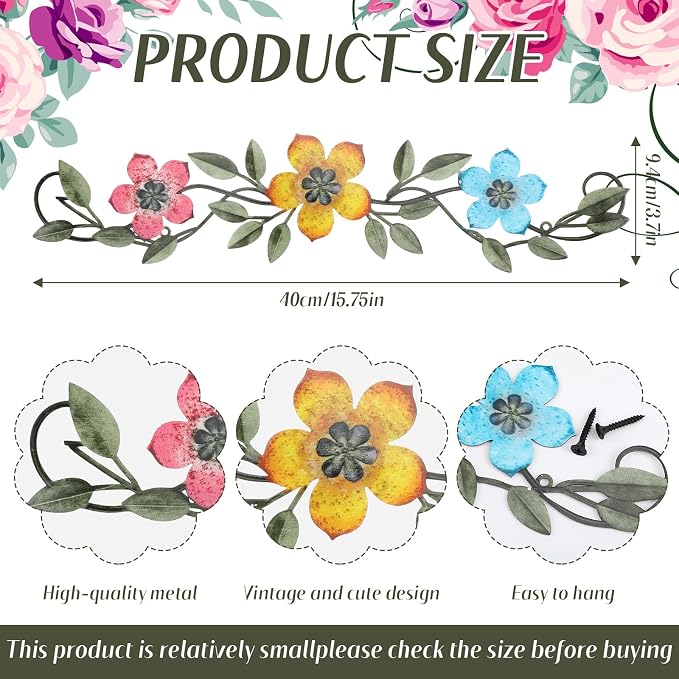 Wesiti Metal Flower Wall Decor Wrought Iron Scroll 15.7x3.7,Bright Color | Vintage Metal Flower decor,Farmhouse Leaf Art with Nails, Flat Not 3D Design, For Bedroom Kitchen Indoor Outdoor Wall Decor - Image 2