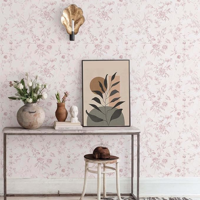 Ismoon Floral Wallpaper Peel and Stick Pink Stick on Wall Paper Vintage French Contact Paper for Cabinet Textured Removable Self Adhesive Wallpaper Vinyl Roll Shelf Deco, 17.3x787in - Image 6