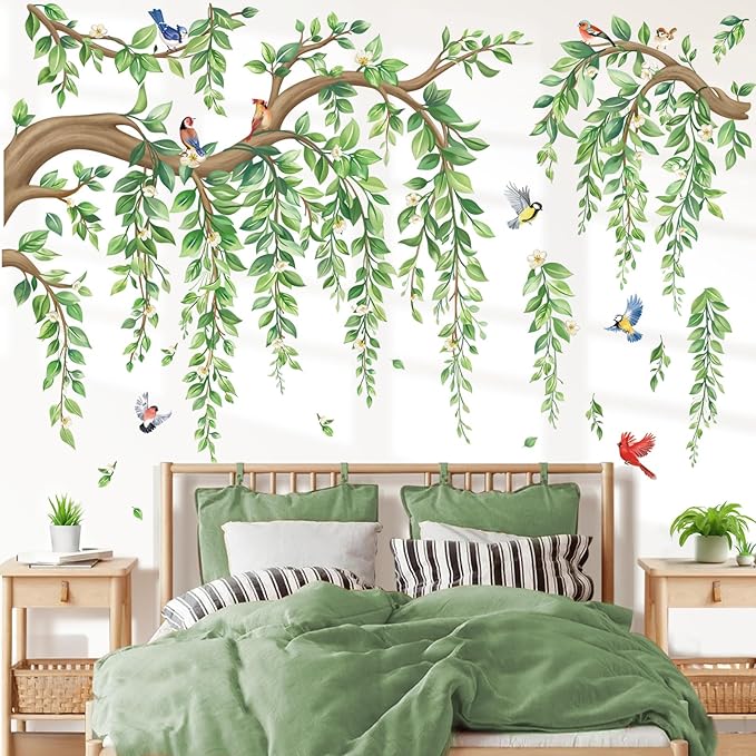 wondever Tree Branch Wall Decals Hanging Green Leaves Wall Stickers (XL) | Peel and Stick, Removable, Wall Art Decals, Wall Decoration, Living Room Bedroom, Office Sofa TV Home Wall Decor by wondever