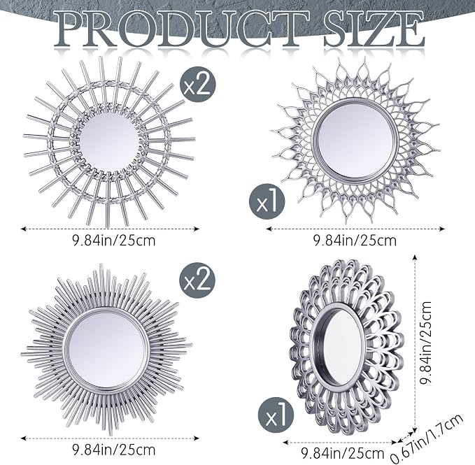 Namalu 6 Pcs Sunburst Round Mirror for Wall Decor, Classic, Silver - Image 2