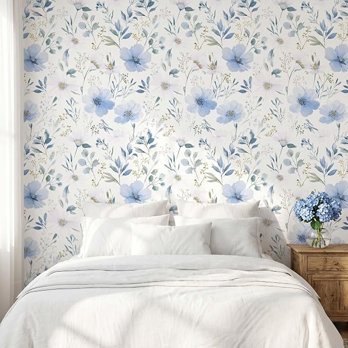 Light Blue Floral Peel and Stick Wallpaper, 17.7in x 70.8in | Self-adhesive and removable watercolor flower design for bedroom, living room, and accent wall - Image 2