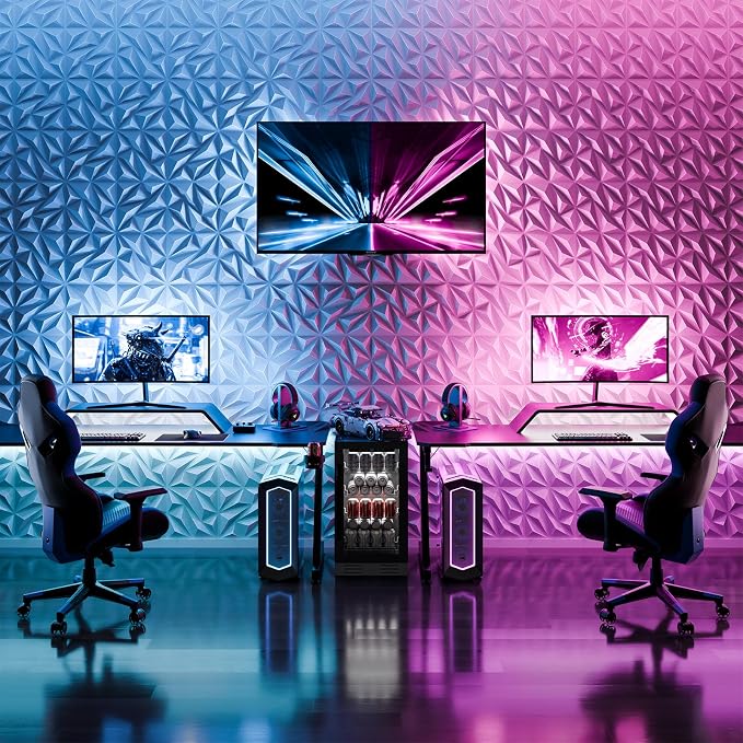 3D Wall Panels White 64 Pack (Covers 62 Sq.Ft), 12" x 12" Diamond Texture Premium PVC Wall Tiles for Interior Decor, Waterproof & Paintable Accent Paneling for Gaming Room, Living Room - Image 6
