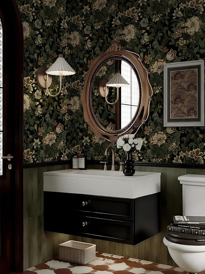 Dimoon 17.3"x393" Dark Wallpaper Peel and Stick Moody Vintage Victorian Floral Contact Paper Green Gothic Wallpaper for Bedroom Flower Leaf Yellow Renter Friendly Wall Paper Removable Vinyl Roll - Image 4