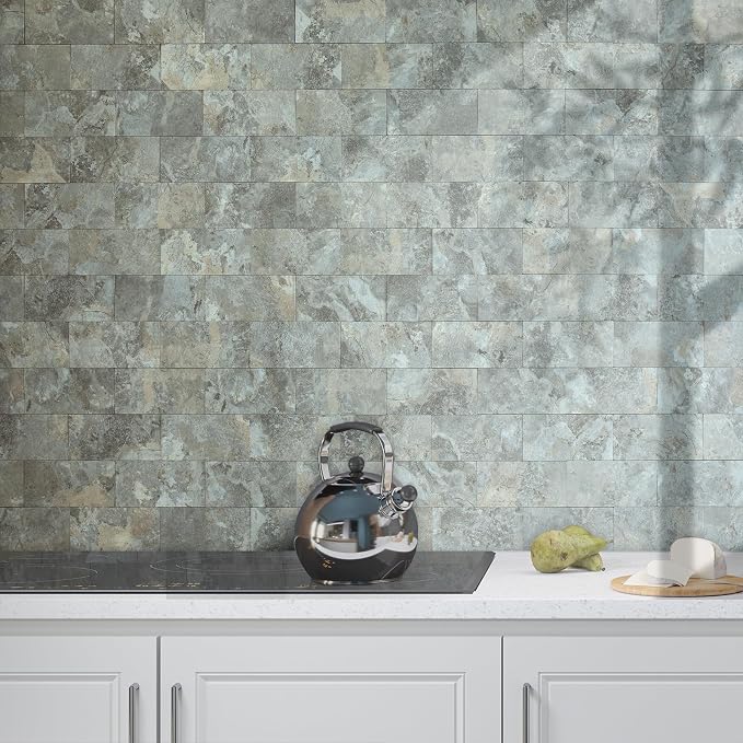 AULIGET 100-Piece Faux Stone Peel and Stick Backsplash Wall Tiles, 3" x 6" Grey & Brown Slate PVC Stick on Tile for Backsplash Kitchen, Bathroom, Laundry Room, Camper, Fireplace - Image 4