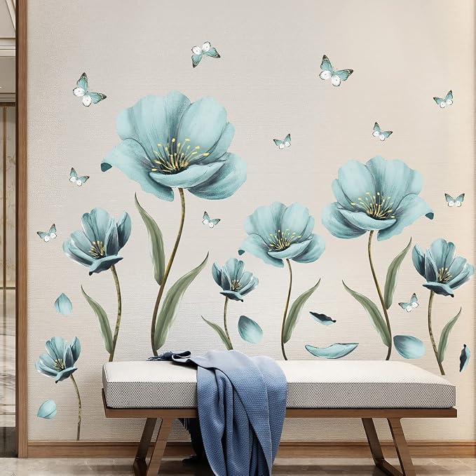 8 Sheets Creative Blue Flowers Wall Decal DIY Removable Painted Butterflies Wall Sticker Romantic Painting Art Mural Vinyl Peel and Stick for Home Living Room Bedroom Office Bathroom Wall Decoration - Image 6