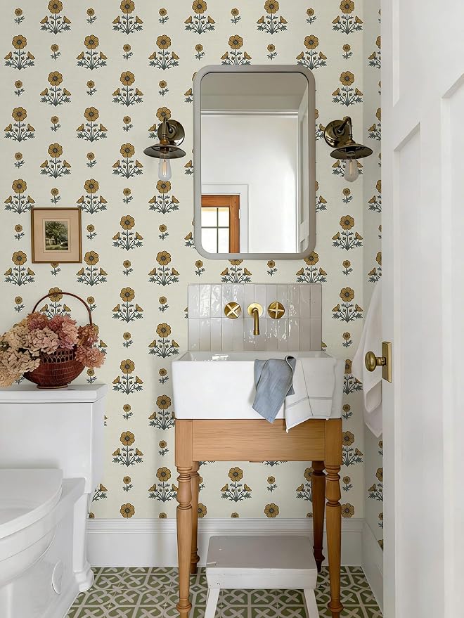 Vintage Floral Wallpaper Floral Peel and Stick Wallpaper for Bathroom 393"×17.3" Daisy Wall Paper Yellow and Green Cottagecore Contact Paper for Nursery Kitchen Self-Adhesive Vinyl Waterproof - Image 8