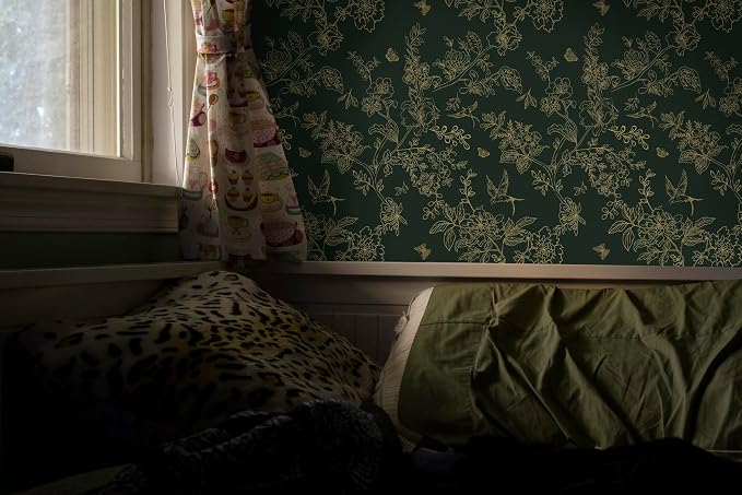 Froluya Green and Gold Peel and Stick Wallpaper for Bathroom 17.7in×196.8in | Dark Green Floral Wallpaper Vintage Contact Paper Peel and Stick Flowers Birds Removable Self Adhesive Cabinets Wall Paper - Image 3