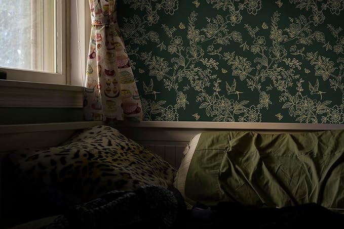 Froluya Green and Gold Peel and Stick Wallpaper for Bathroom 17.7in×393.7in | Dark Green Floral Wallpaper Vintage Contact Paper Peel and Stick Flowers Birds Removable Self Adhesive Cabinets Wall Paper - Image 3