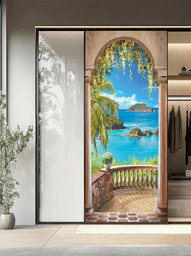 artfanke 3D Balcony Arch Seascape Peel and Stick Door Sticker 30.3"x78.7",Self-Adhesive Door Wall Murals Wallpaper Decal for Living Room Bedroom Decor (2 Sheets/Set) - Image 5