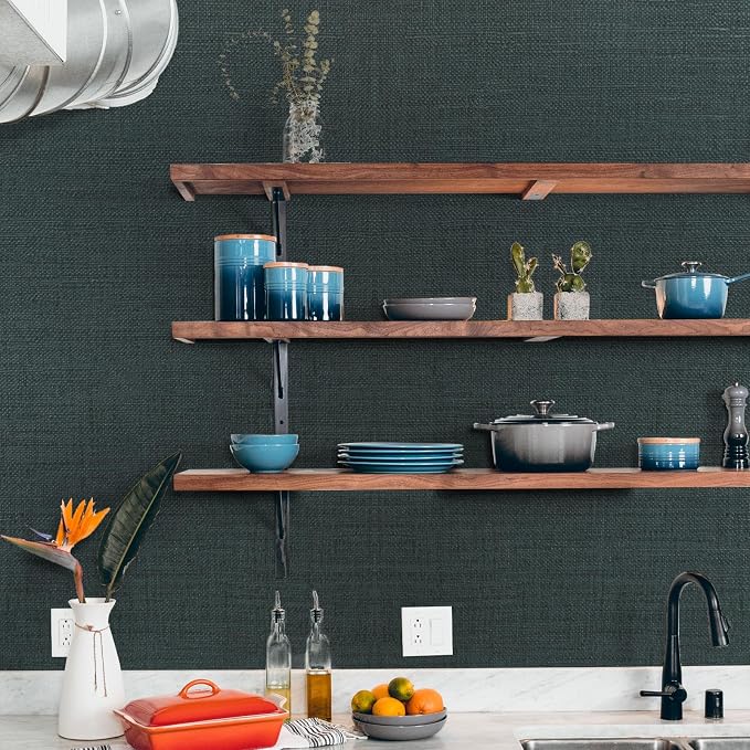 WADILE Grasscloth Peel and Stick Wallpaper 23.6in x 236in, Textured Contact Paper for Cabinets, Faux Linen Wall Paper Pull and Stick, Fabric Vinyl Wallpaper Self Adhesive Blackish Green | Textured contact paper, Faux linen, Vinyl material, Cabinets, Se... - Image 3