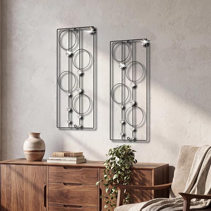 ZEXUIRU 2 Pcs. Abstract Metal Art for Wall Decor Living Room Bedroom Bathroom Office Metal Bling Modern Geometric Hanging Vertical Small Iron Sculpture Plaque Pack -Black 24in - Image 2