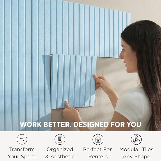 VIVELDA Felt Bulletin Board Tiles 48"x36" - 12-Pack Cork Board Alternative, OEKO-TEX Certified, NRC 0.95 Acoustic Wall Panels, Damage-Free Adhesive, Slatted Design, Home Office & Classroom (Baby Blue) - Image 2