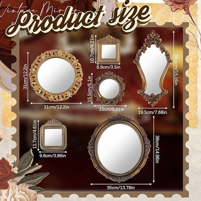 Beeveer 6 Pcs Vintage Gold Wall Mirror Set Luxury Gallery Wall Mirror Decorative Hanging Antique Decor for Living Room Entryway Wedding Bedroom Bathroom Victorian Decor (Baroque,Gold) - Image 2