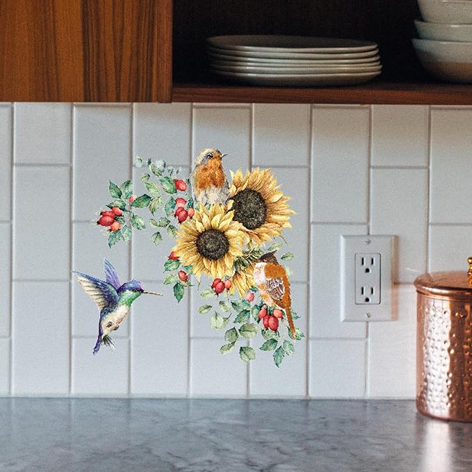 Sunflower Wall Stickers & Murals Bird Wall Decals Peel and Stick Yellow Flower Window Clings Watercolor Hummingbird Art Decor Wall Clings Kitchen Cabinet Decals for Bathroom Toilet Tank Girls Bedroom - Image 8