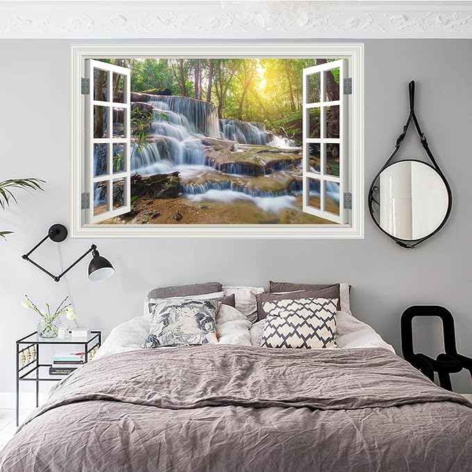 Fake Window Wall Mural Sticker Forest Tree Jungle Waterfall Faux Window Poster Decal Picture Open Wall Art Decor, Stick and Peel Landscape Natural Scenery Scene（48"x32",Set of 2 Sheets） - Image 8