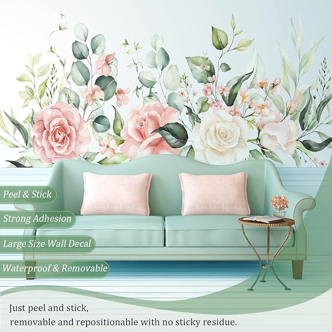 Flowers Leaves Wall Decals Peel and Stick, Large Hanging Floral Vinyl Wall Stickers, Removable Vine Home Decor Art for Bedroom Living Room Classroom Office - Image 3