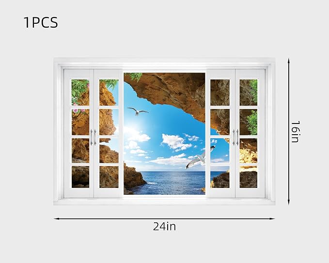 FLFK Fake Window Wall Decal - Seascape with Seagulls View Peel and Stick Mural, 24 x 16 inches - Image 2