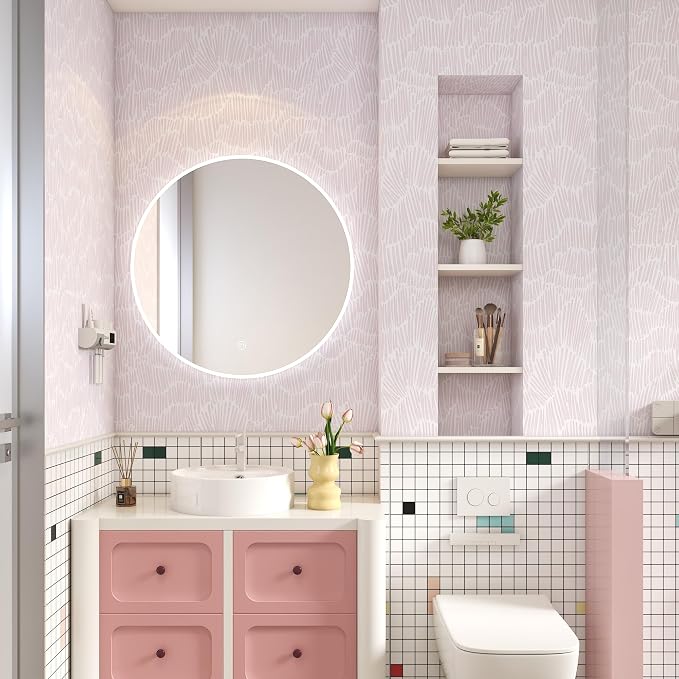 Theper Pink Contact Paper Striped Peel and Stick Wallpaper Boho 17.3"×78.8" | Simple Modern Removable Self Adhesive Wallpaper for Bedroom Cabinets Waterproof White and Pink Wall Paper Vinyl Roll - Image 6